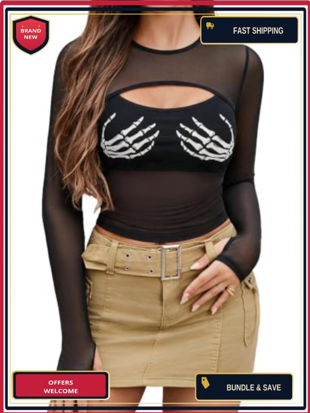 Avidlove Mesh Crop Top Long Sleeve Sheer Cutout Clubwear